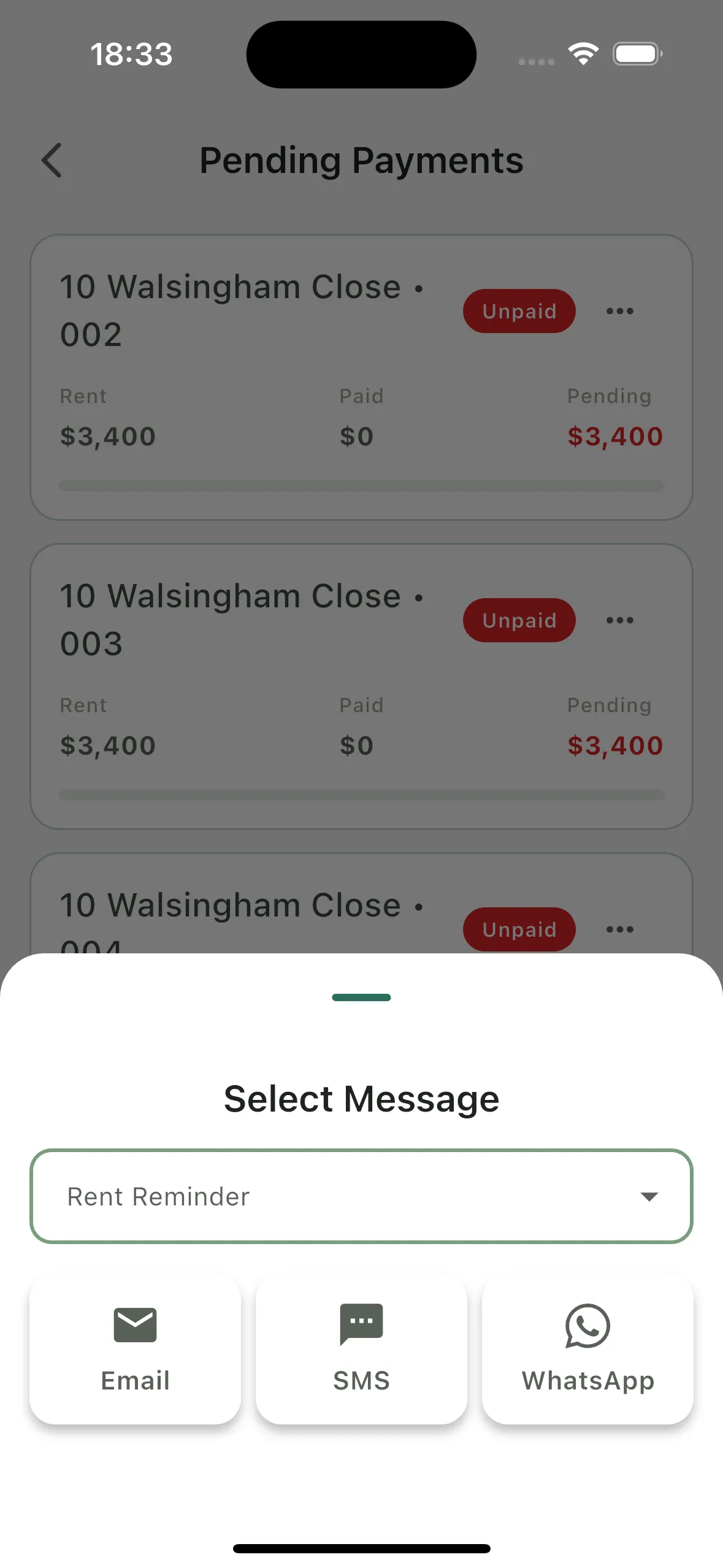 Choosing whether to send a Rhentto reminder by email, SMS or WhatsApp
