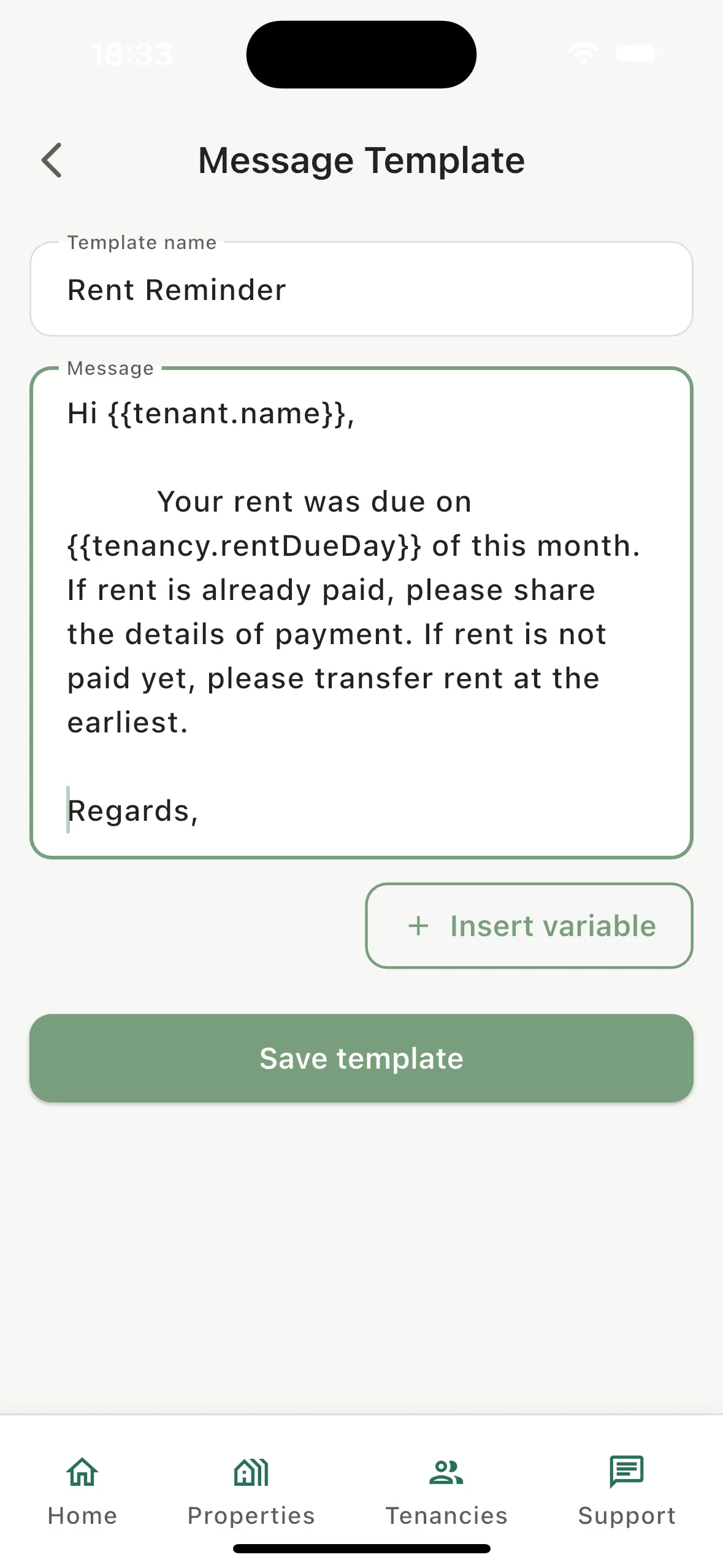 Rhentto message template with tenant name and rent due day variables