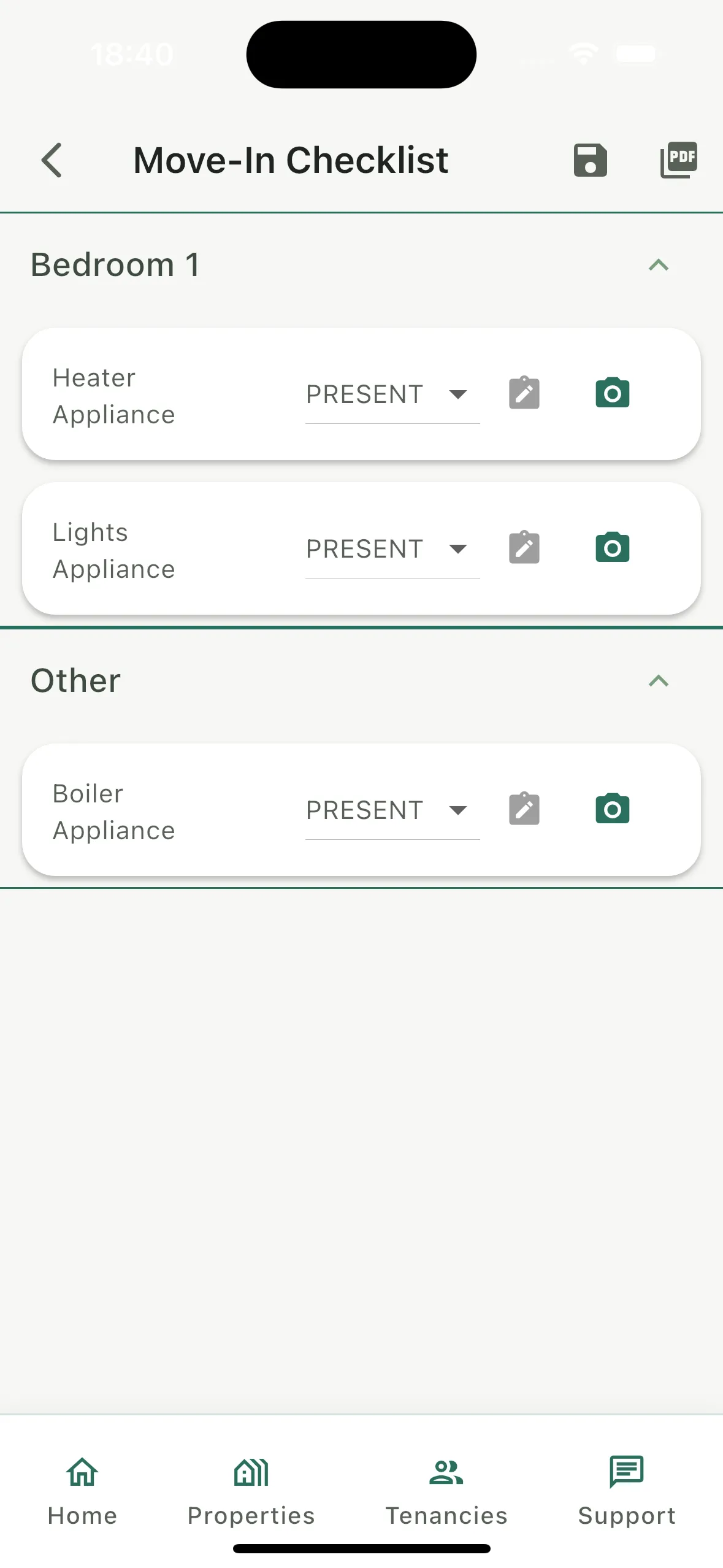Rhentto move-in checklist with items by room, condition and an option to add photos