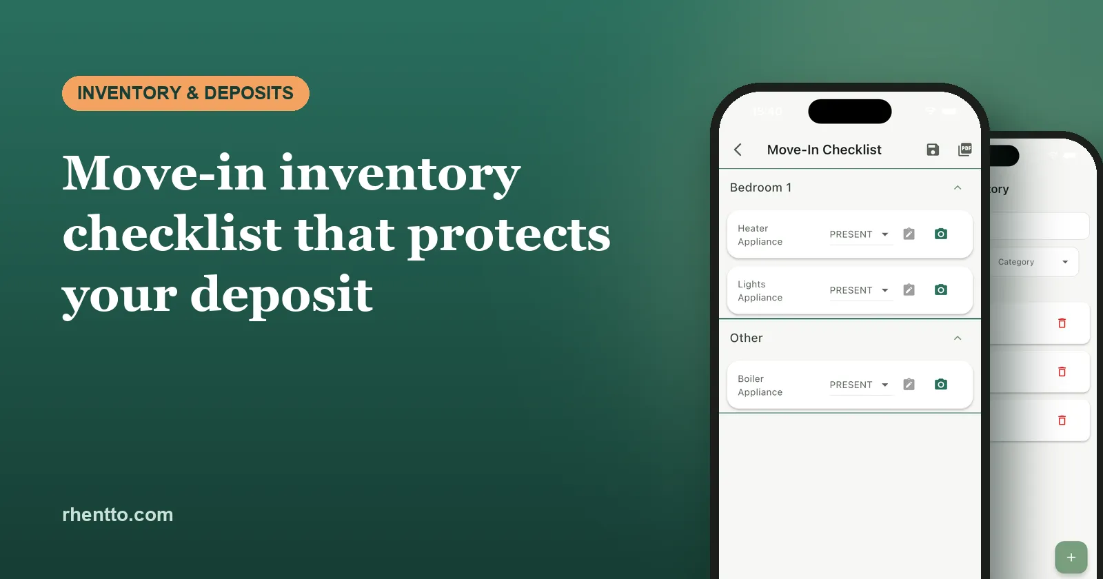 Rhentto move-in checklist and inventory screens listing items by room with condition and photos