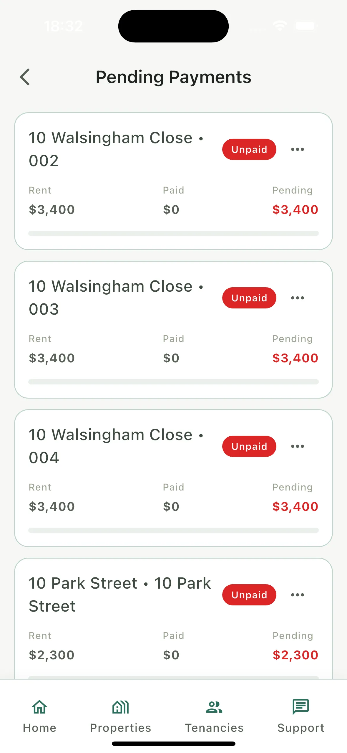 Rhentto pending payments screen showing rent, amount paid and amount pending for each unit
