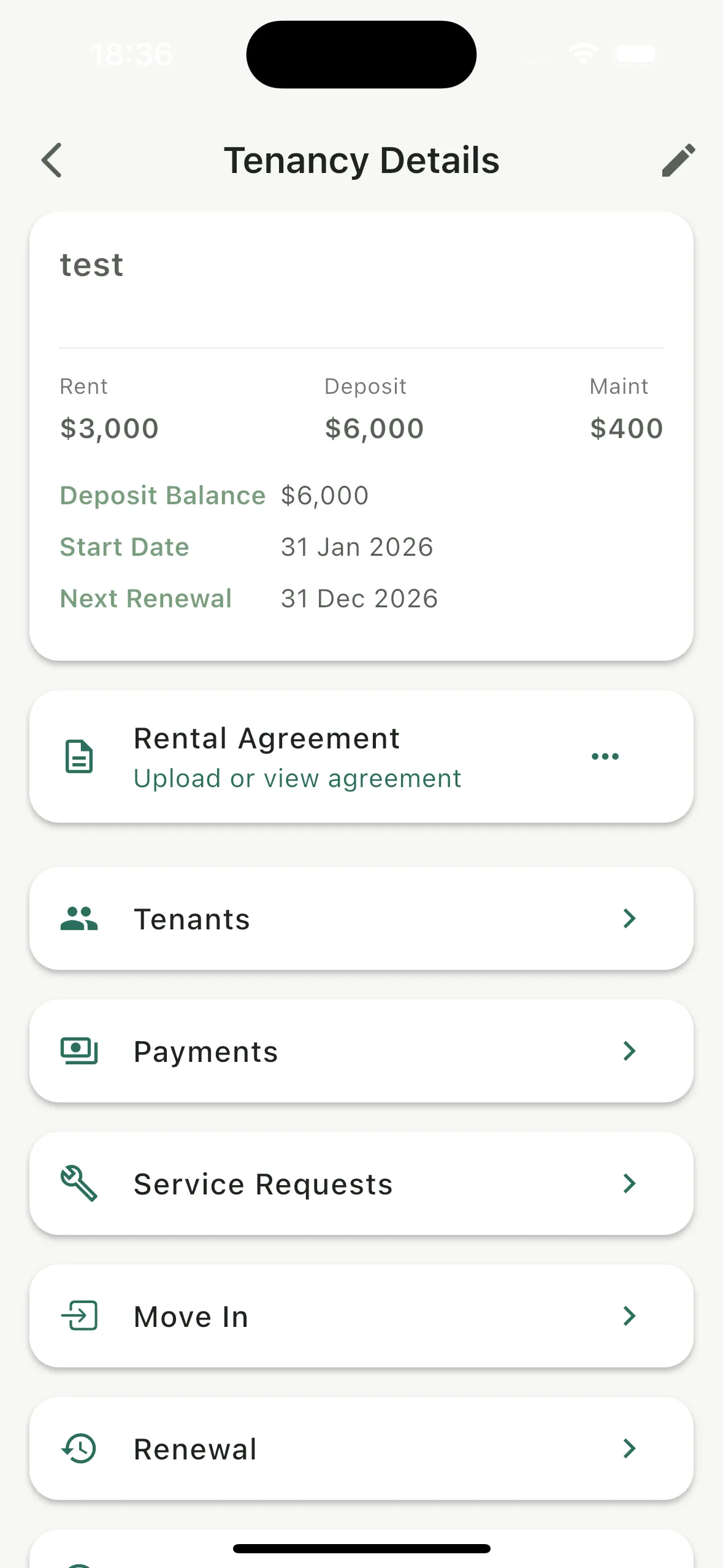 Tenancy details showing rent, deposit, start date and next renewal